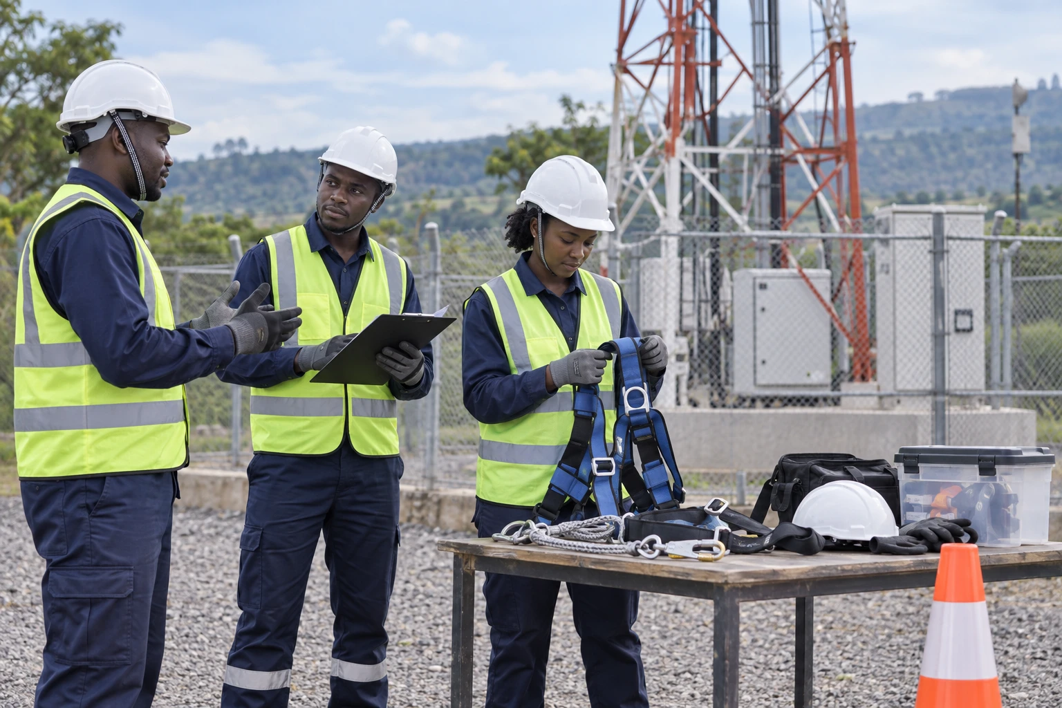Telecom team reviewing site safety and inspecting fall-protection equipment