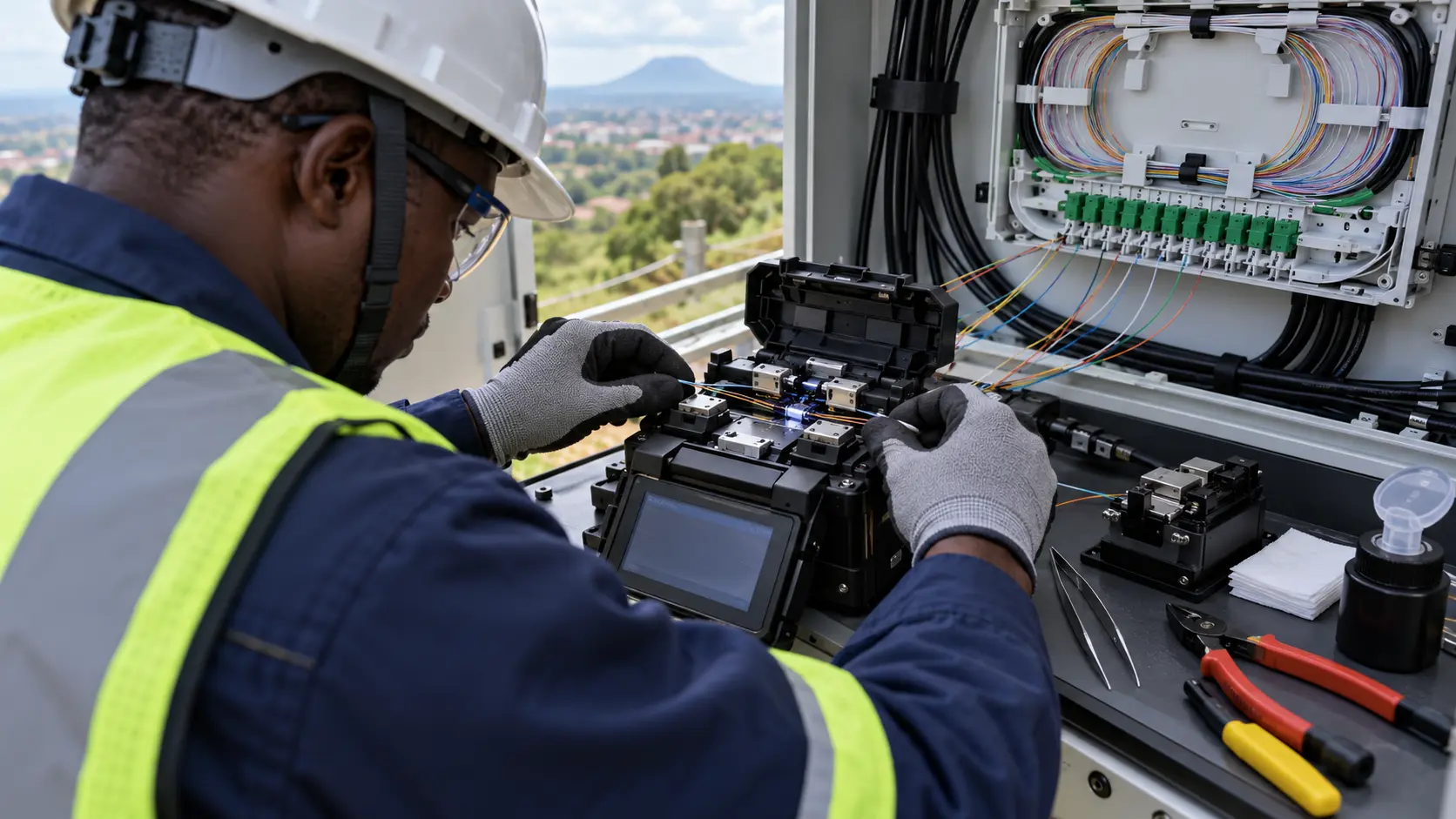 Fibre technician performing precision fusion splicing